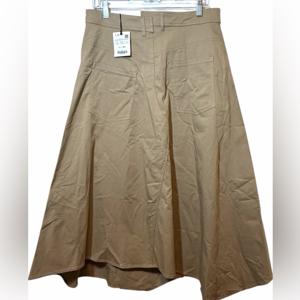 Zara NWT Asymmetrical Beige A- Line Midi Skirt with Front Slit Size L - Picture 4 of 12